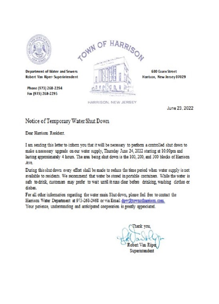 USA New Jersey Town of Harrison water shut off notice